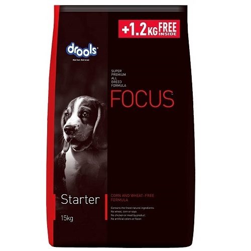 Drools Focus Starter Super Dog Food, 15 KG Pack at Best Price (+1.2 KG Extra)