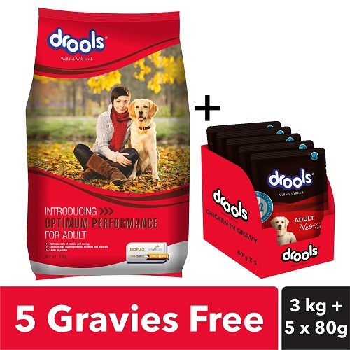 Drools Optimum Performance Adult Dog Food, 3 KG Pack at Best Price with Free 5 Drools Gravy Pouch